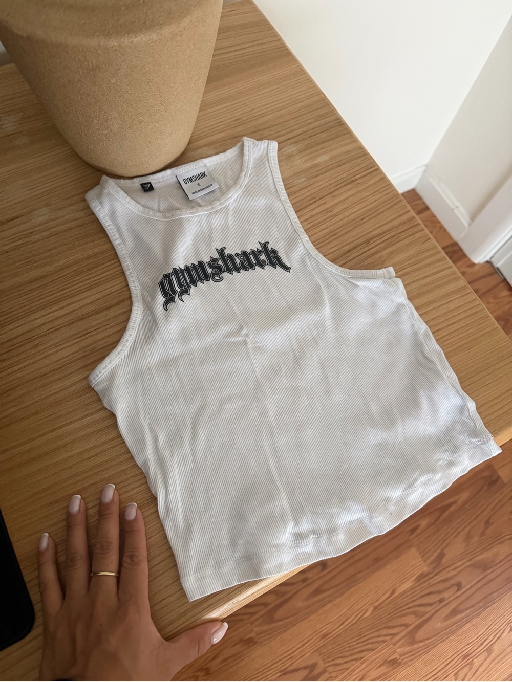 Gymshark White Ribbed Cropped Tank with Black Gothic Logo
